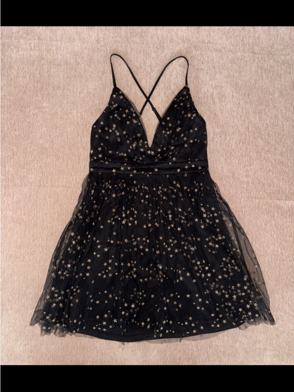 Lulu’s Black Mini Fit & Flare Dress Gold Star Mesh Overlay Size M Dark Fairy - Picture 2 of 7